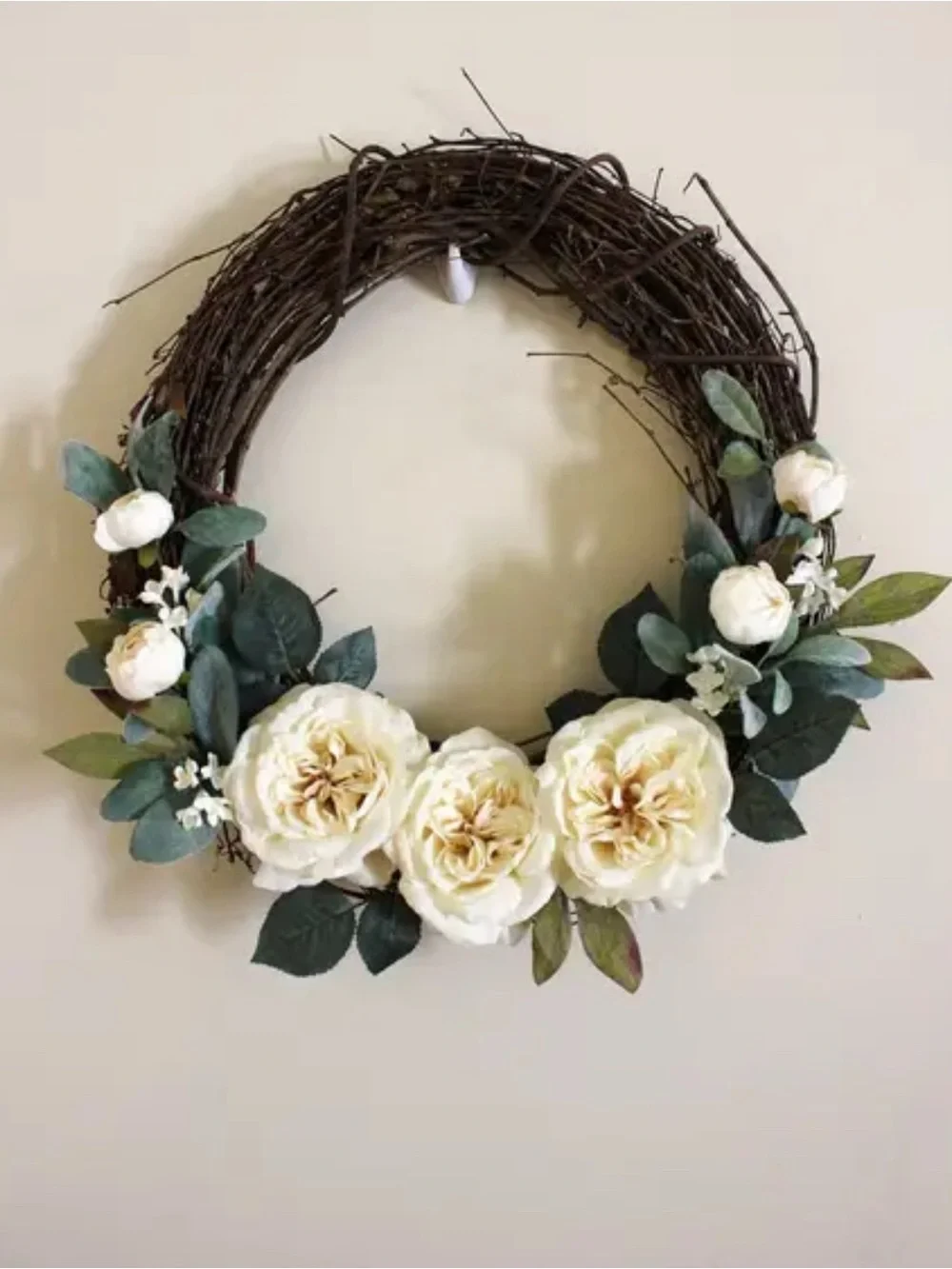 Hand Crafted Farmhouse Cream Rose Wreath Grapevine w/Greenery Custom Final Sale